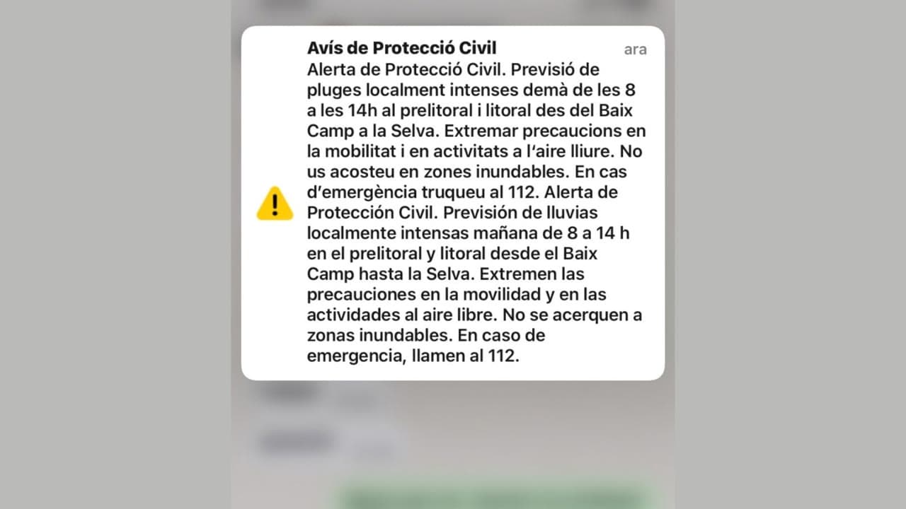 Protecció Civil envia un ES-Alert per limitar la mobilitat i les activitats a l’aire lliure
